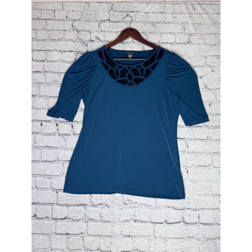 Apostrophe‎ Stretch Teal Blue Lace Neckline 3/4 Sleeve Top Womens L G